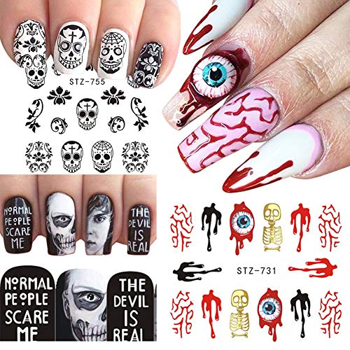 25 Sheets Halloween Nail Stickers Day of The Dead Water Transfer Nail Decals ...