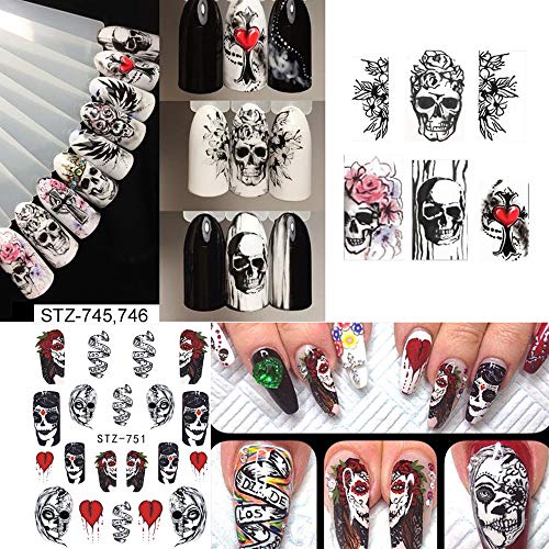 25 Sheets Halloween Nail Stickers Day of The Dead Water Transfer Nail Decals ...