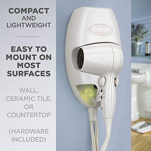 Conair 1600 Watt Wall-Mount Hair Dryer with LED Night Light, White