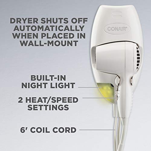 Conair 1600 Watt Wall-Mount Hair Dryer with LED Night Light, White