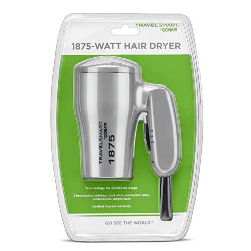 Conair 1875 Watt Compact Dual Voltage Travel Hair Dryer with Folding Handle, ...