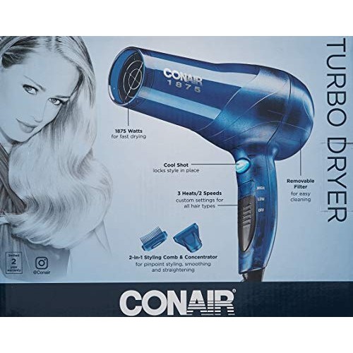 Conair 1875 Watt Translucent Turbo Hair Dryer, Blue