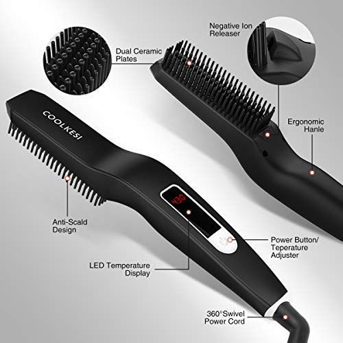 COOLKESI Gifts for Men, Ionic Ceramic Beard Straightener Brush, Fast Heated B...