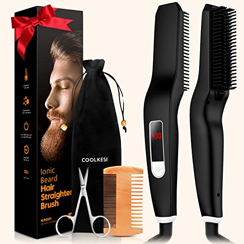 COOLKESI Gifts for Men, Ionic Ceramic Beard Straightener Brush, Fast Heated B...