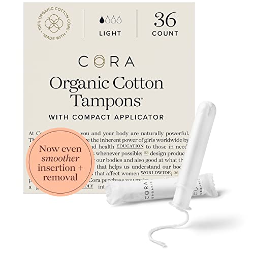 Cora Organic Tampons | Light Absorbency | 100% Cotton Core, Unscented with BP...