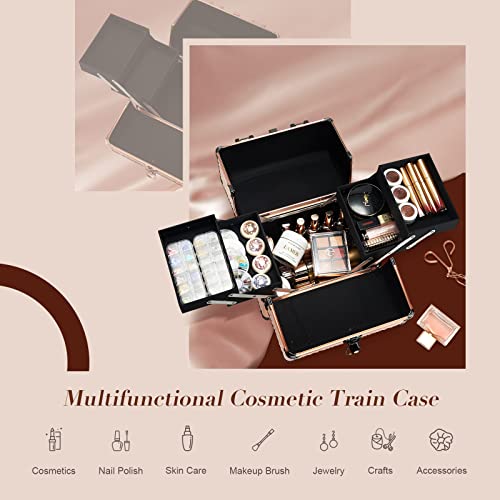 Costravio Makeup Train Case Cosmetic Organizer Case with 4 Trays Lockable Por...