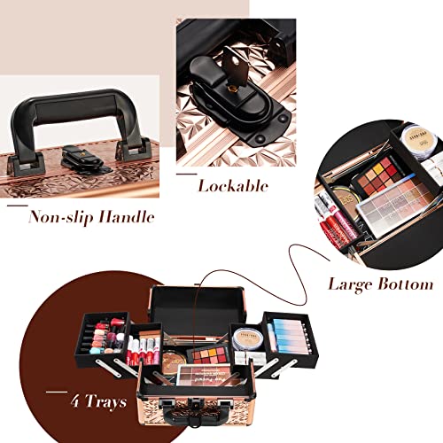 Costravio Makeup Train Case Cosmetic Organizer Case with 4 Trays Lockable Por...
