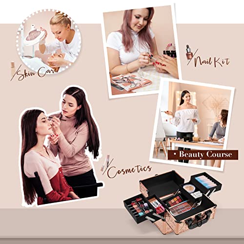 Costravio Makeup Train Case Cosmetic Organizer Case with 4 Trays Lockable Por...