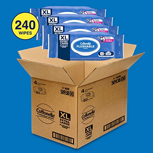 Cottonelle XL Flushable Wipes, Extra Large, 4 Flip-Top Packs, 60 Wipes per Pa...