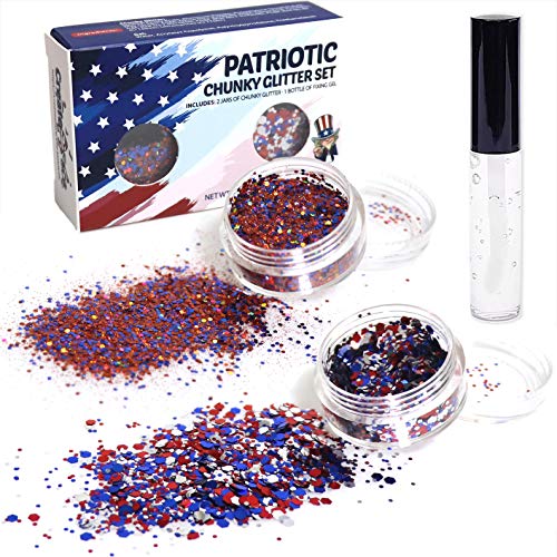 USA Chunky Glitter Kit for Face Body Nail Hair Eyes (2 Jars x 5g - Blue, Red ...