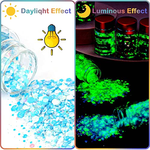 Glow in The Dark Chunky Glitter for Nails, Cridoz 15 Colors High Luminous Gli...