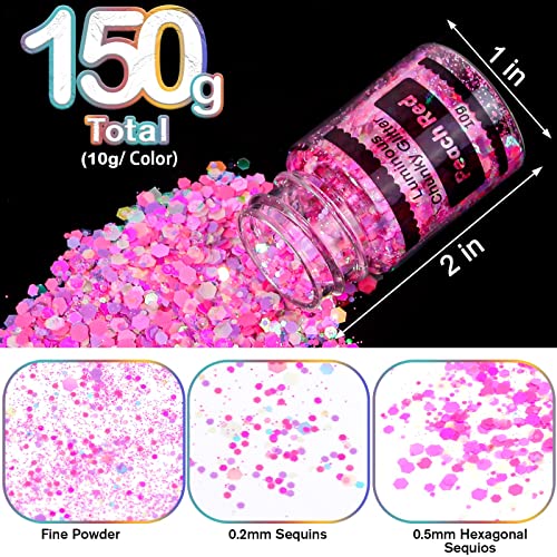 Glow in The Dark Chunky Glitter for Nails, Cridoz 15 Colors High Luminous Gli...