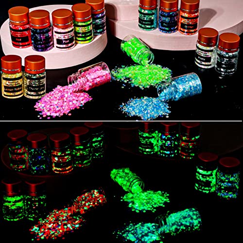 Glow in The Dark Chunky Glitter for Nails, Cridoz 15 Colors High Luminous Gli...