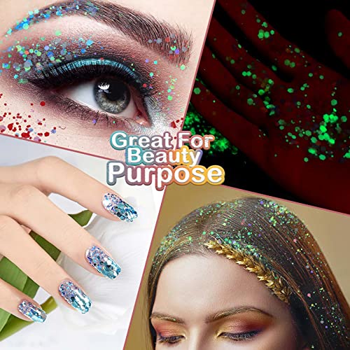 Glow in The Dark Chunky Glitter for Nails, Cridoz 15 Colors High Luminous Gli...