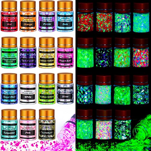 Glow in The Dark Chunky Glitter for Nails, Cridoz 15 Colors High Luminous Gli...