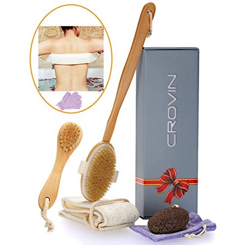 Dry Brushing Body Brush - Natural Boar Bristle Dry Brush Set for Body and Fac...