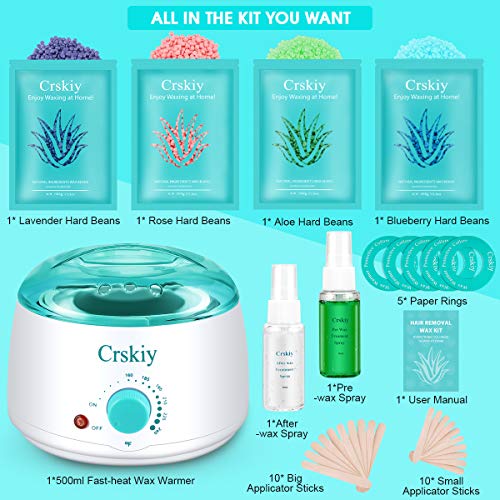Waxing Kit for Women Men, Crskiy Wax Warmer Hair Removal Kit, with 4 Flavors ...