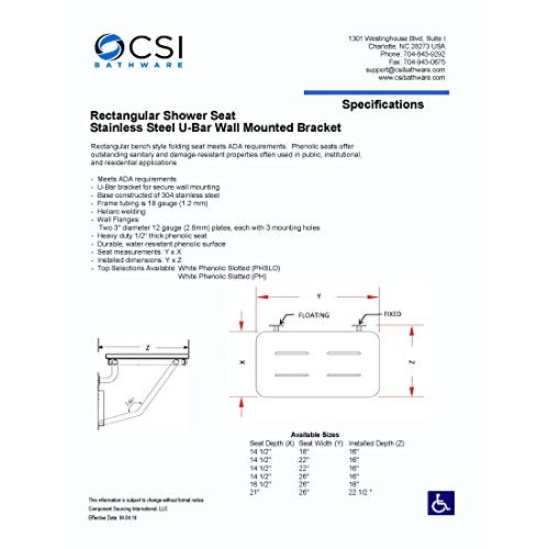 CSI Bathware SEA-WB1815-NH-PHSLO Bracket Wall Mount Folding Shower Seat with ...