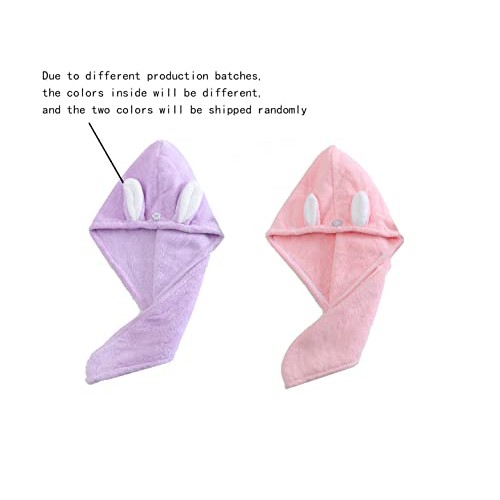 Hair Towel Wrap ,(Pink+Purple) Rabbit Ears Turban 2 Pack,Microfibre Hair Towe...