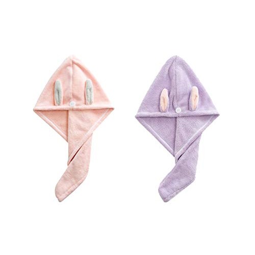 Hair Towel Wrap ,(Pink+Purple) Rabbit Ears Turban 2 Pack,Microfibre Hair Towe...