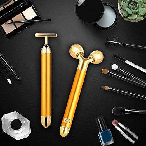 2-IN-1 Electric Face Massager 24k Golden Facial Massager, 3D Roller and T Sha...