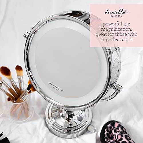 Danielle LED Lighted Two-Sided Makeup Mirror, 15X Magnification, Chrome,D125