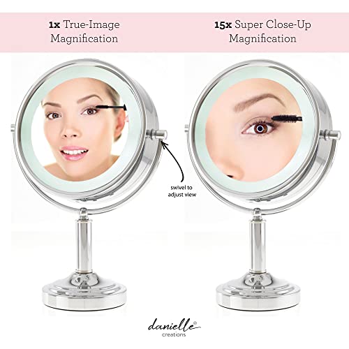 Danielle LED Lighted Two-Sided Makeup Mirror, 15X Magnification, Chrome,D125