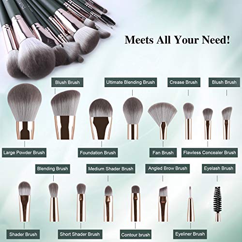 Makeup Brushes, Daubigny 16Pcs Complete Green Premium Synthetic Makeup Brush ...