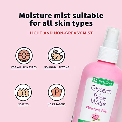 De La Cruz Rose Water and Glycerin Spray for Face - Rosewater Facial Toner an...