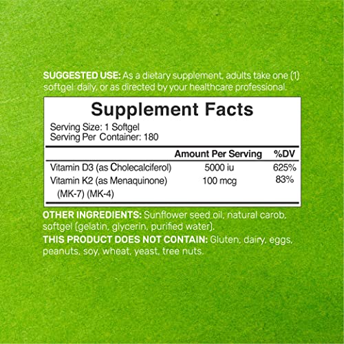 Vitamin D3 K2 Softgel, 180 Counts, 2-1 Complex, Vitamin D3 5000 IU & Vitamin ...
