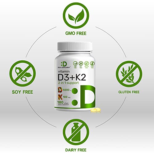 Vitamin D3 K2 Softgel, 180 Counts, 2-1 Complex, Vitamin D3 5000 IU & Vitamin ...