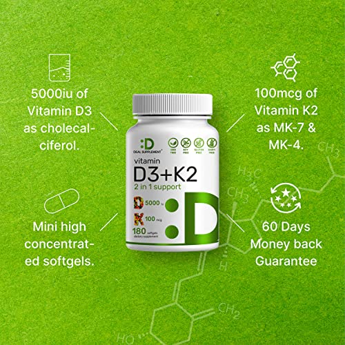 Vitamin D3 K2 Softgel, 180 Counts, 2-1 Complex, Vitamin D3 5000 IU & Vitamin ...