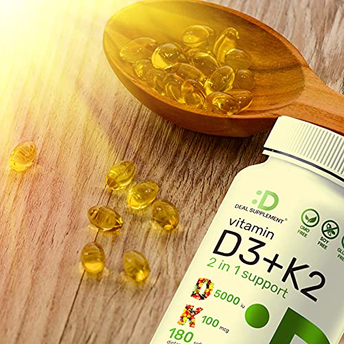Vitamin D3 K2 Softgel, 180 Counts, 2-1 Complex, Vitamin D3 5000 IU & Vitamin ...