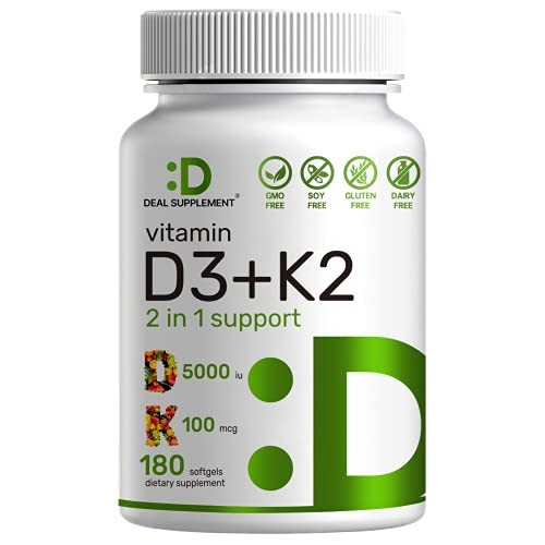 Vitamin D3 K2 Softgel, 180 Counts, 2-1 Complex, Vitamin D3 5000 IU & Vitamin ...