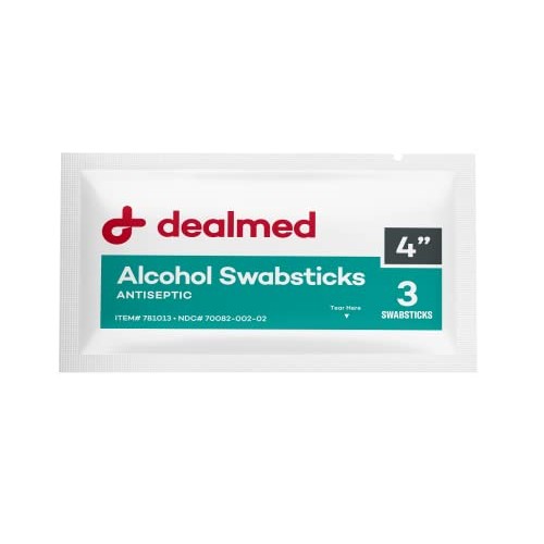 Dealmed 4" Alcohol Swabsticks – 3 Swabs/Pkg, 25 Pkgs/Box, Individually Sealed...