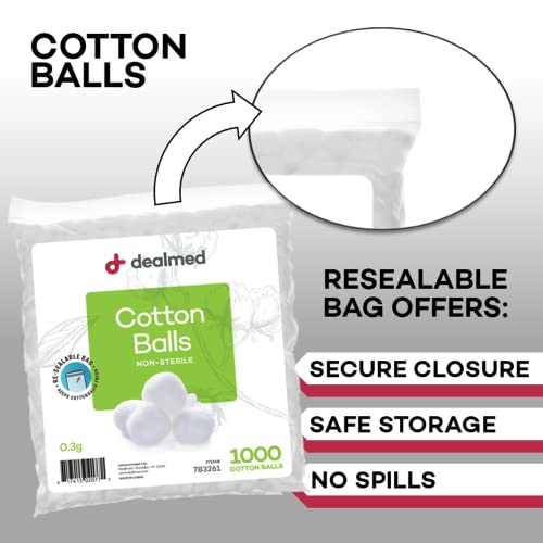 Dealmed Cotton Balls – 1000 Count Medium Cotton Balls, Non-Sterile Bag of Cot...