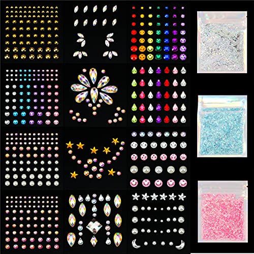 12 Sheets Face Jewels Adhesive Rhinestones Crystal Stickers+15g Chunky And Fi...