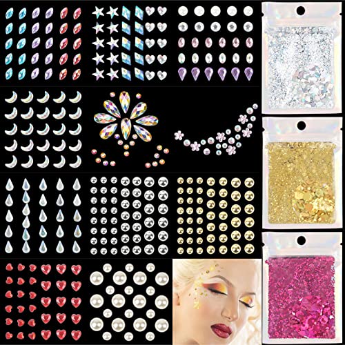 12 Sheets Face Jewels Stickers Face Gems Tattoo+15g Holographic Chunky Face B...
