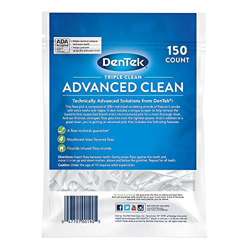 DenTek Triple Clean Advanced Clean Floss Picks, No Break & No Shred Floss, 15...