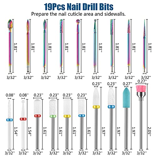 19pcs Nail Drill Bits Sets, 3/32 Inch Diamond Cuticle Electric Nail File and ...