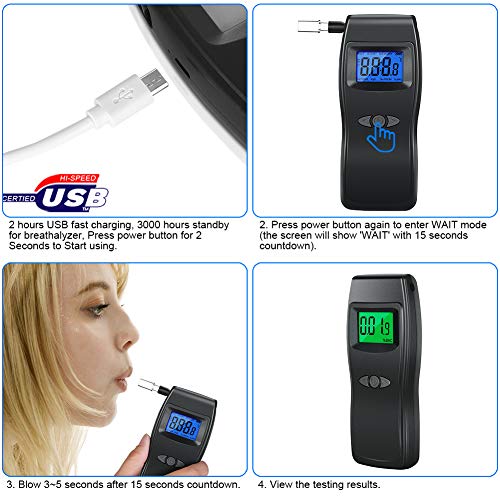 Breathalyzer, Professional Alcohol Tester, USB Rechargeable Portable Digital ...