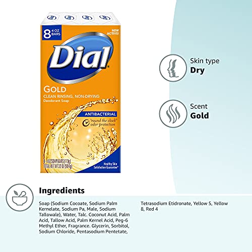 Dial Antibacterial Bar Soap, Gold, 4 Ounce - 8 Bars