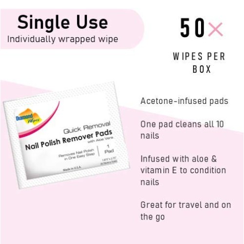 Diamond Wipes Acetone Nail Polish Remover Pads Box of 50ct Individually Wrapp...