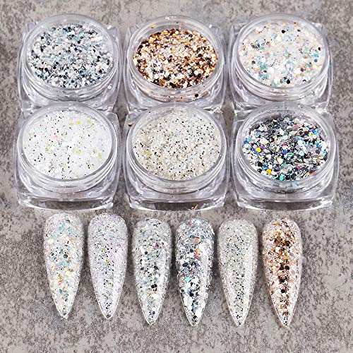Holographic Nail Art Sequins Glitter Kits 6 Boxes 3D Nails Glitter Metallic S...