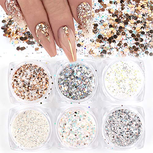 Holographic Nail Art Sequins Glitter Kits 6 Boxes 3D Nails Glitter Metallic S...
