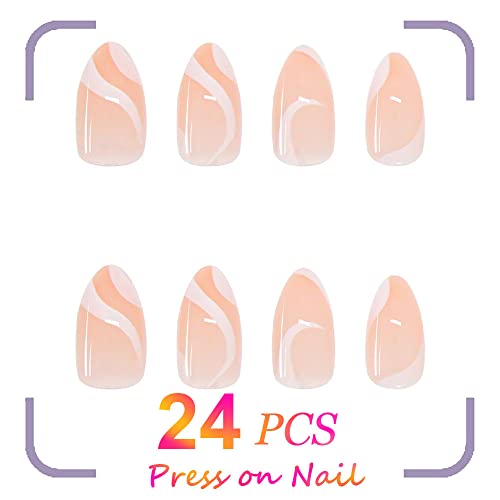 24PCS Press On Nails Medium Fake Nails Glossy French White Line Almond Press ...