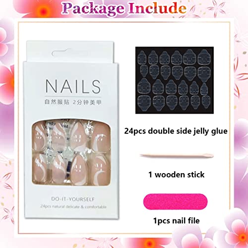 24PCS Press On Nails Medium Fake Nails Glossy French White Line Almond Press ...