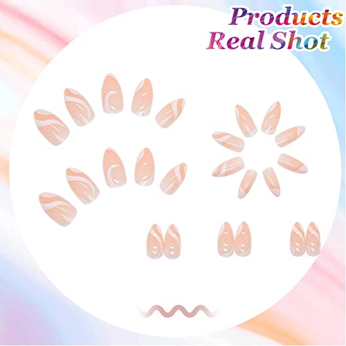 24PCS Press On Nails Medium Fake Nails Glossy French White Line Almond Press ...