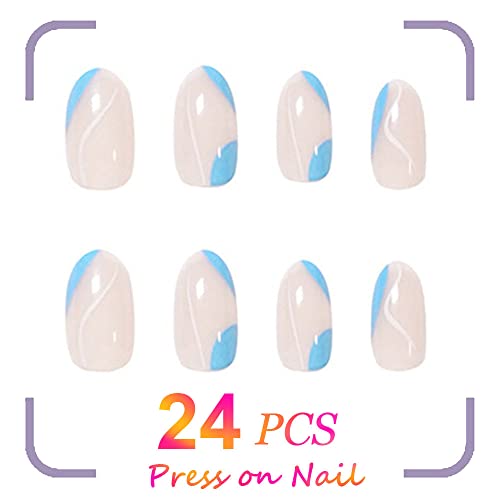 French Press on Nails Medium Length,Glossy Almond Fake Nails,Blue White Desig...