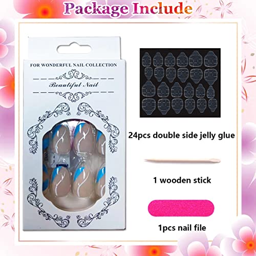 French Press on Nails Medium Length,Glossy Almond Fake Nails,Blue White Desig...